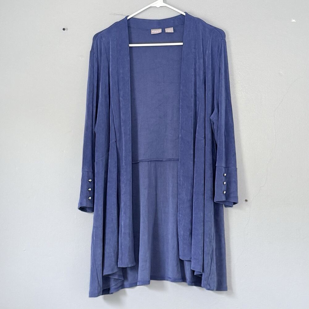 Chicos Travelers Cardigan 2 Large Blue Open Slinky Duster Packable Vacation